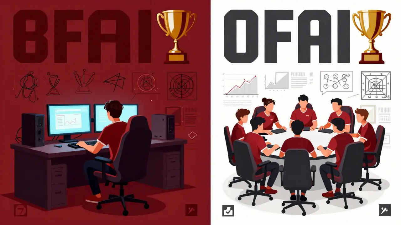 Два противоположных мира игрока: одинокий геймер слева и команда с достижениями справа, стилизовано в духе польского плаката.