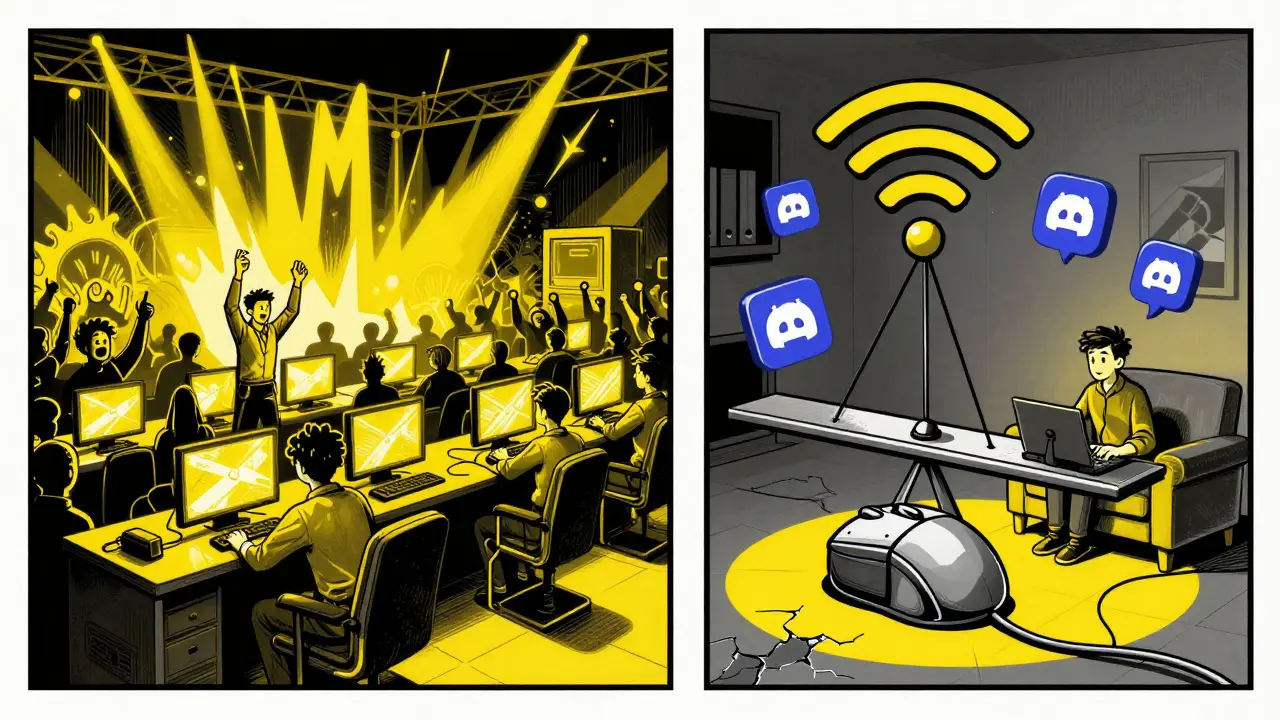 Два сценария киберспорта: оживленная сцена LAN и тихая комната онлайн-матча, разделенные весами.