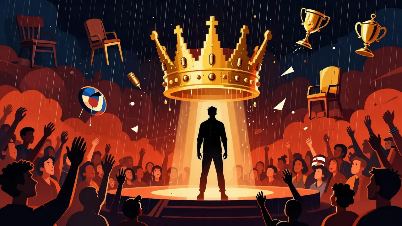 FaZe Clan выигрывает Major 2024: Rain в центре, вокруг — прошлое, корона из пуль, разнообразная толпа.