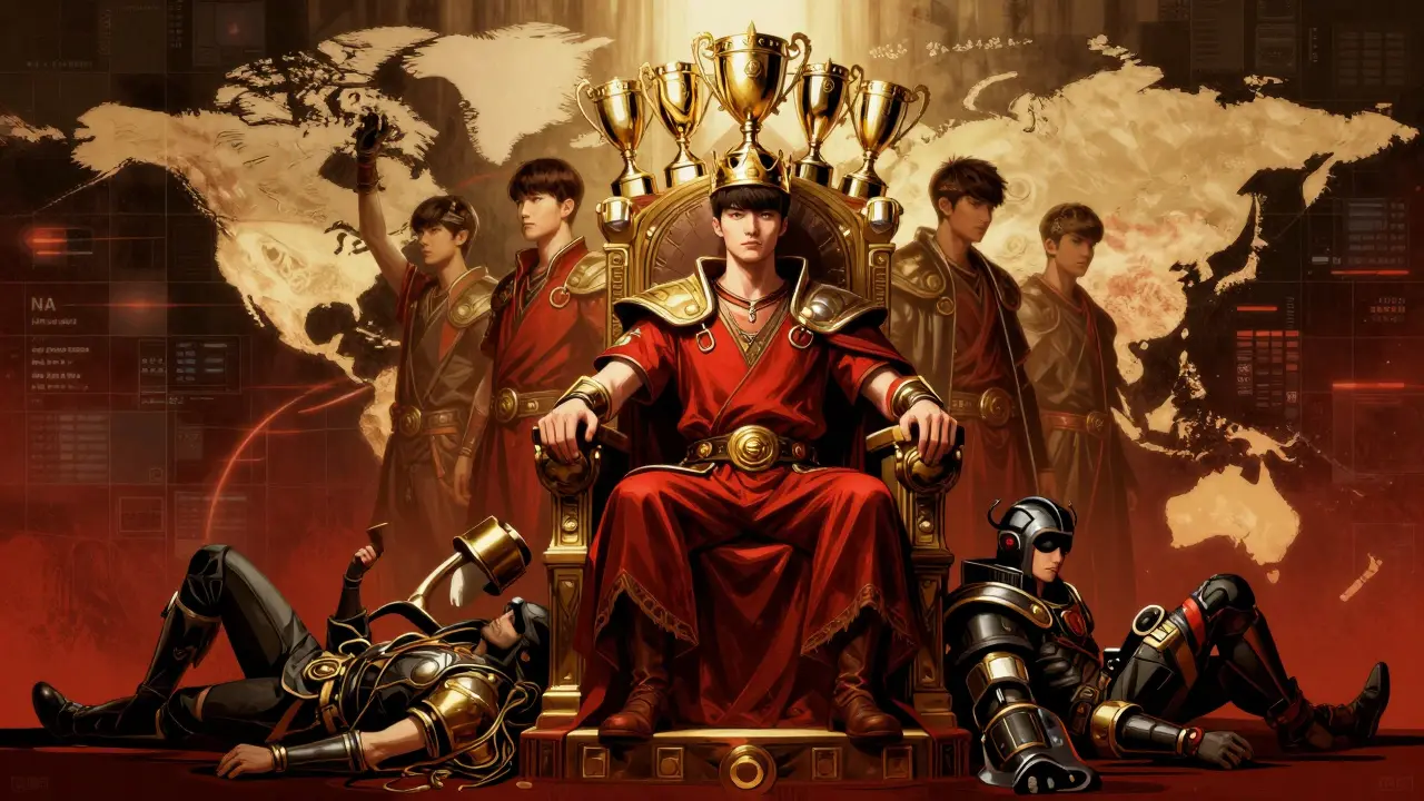 Фейкер как легенда: его шесть титулов венчают его, вокруг — павшие чемпионы и карты мира в стиле польского плаката.