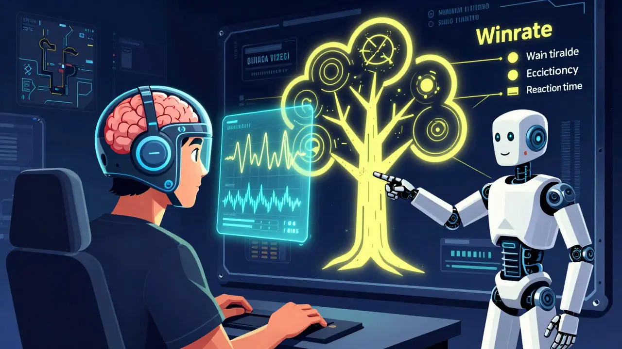 Геймер в нейрошлеме, анализируемый роботом-тренером, с hologрафическими метриками, образующими дерево данных.