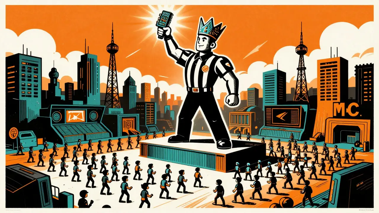 Героическая фигура KeSPA держит над головой единицу StarCraft, а вокруг неё — стадионы, превратившиеся из интернет-кафе.