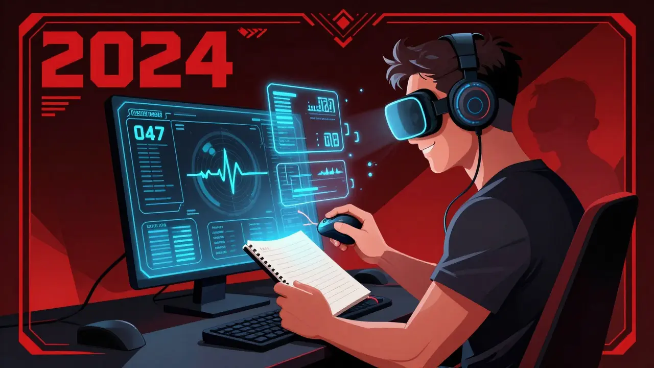 Голографическая система автоматически записывает данные игры, а рядом лежит бумажный дневник — символ баланса технологий и осознанности.