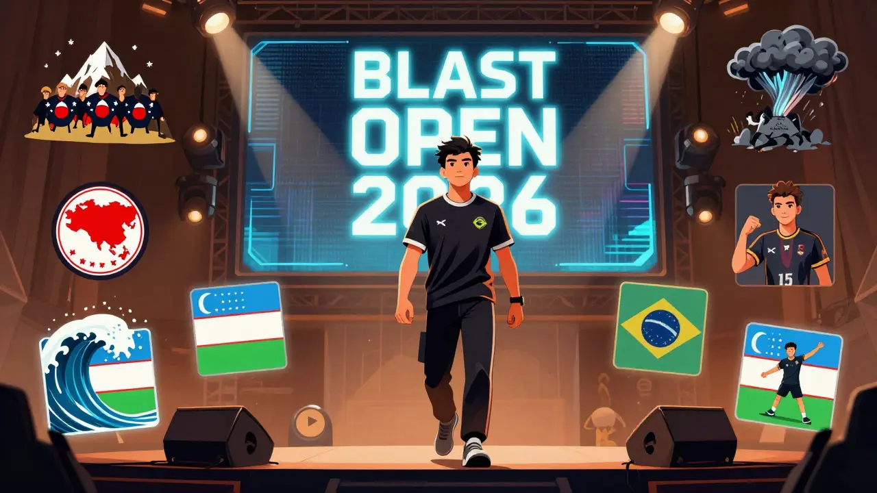 Игрок из Узбекистана впервые выходит на LAN-стадион в Копенгагене, вокруг — флаги регионов и цифровой счётчик.