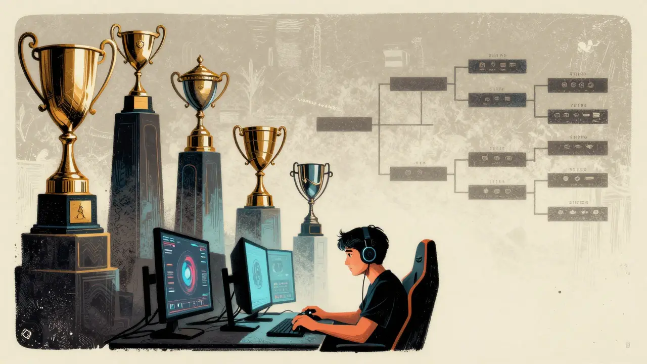 Игрок за джойстиком смотрит на экран, на фоне символы чемпионатов