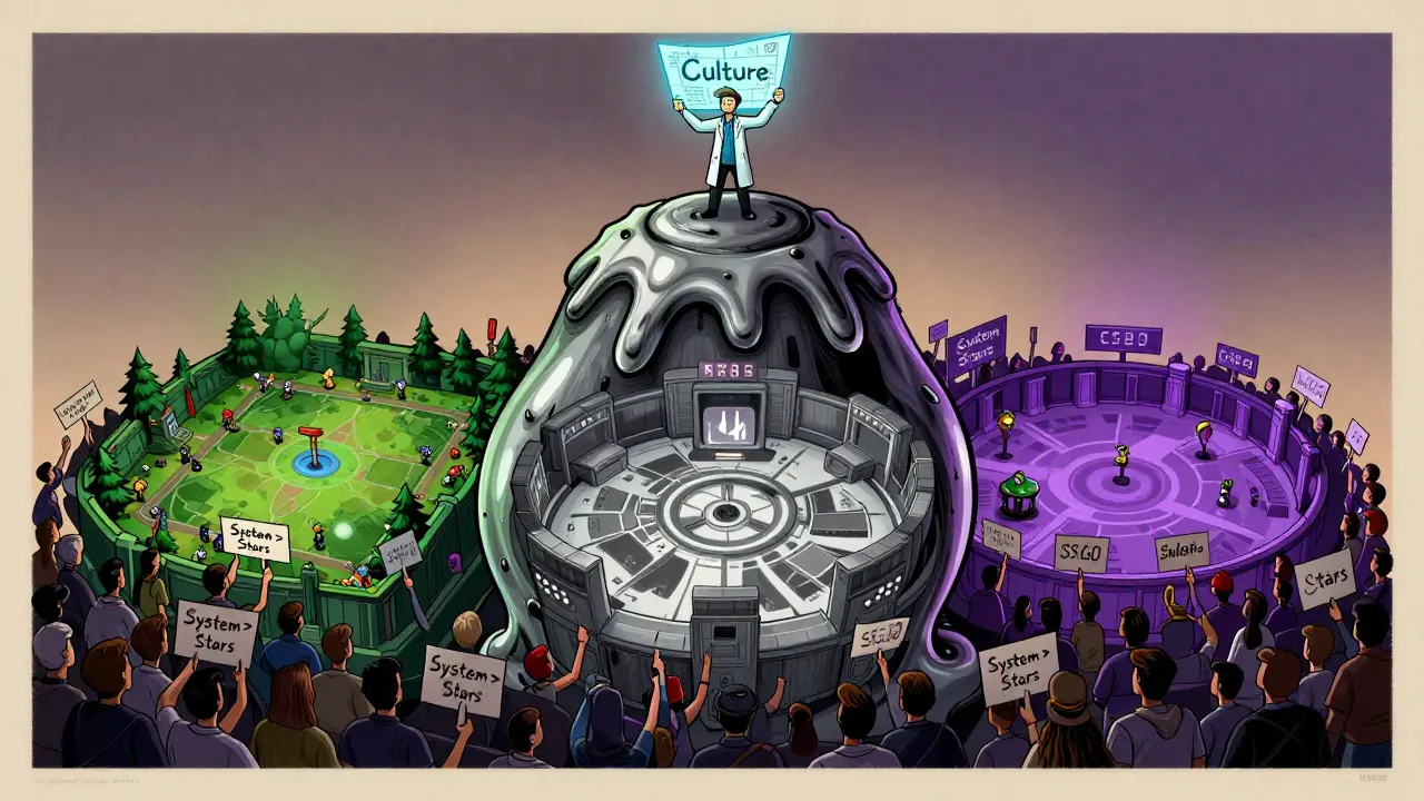 Капля жидкости, держащая три игровых арены, surrounded by fans, символизирующая культурное влияние Team Liquid.