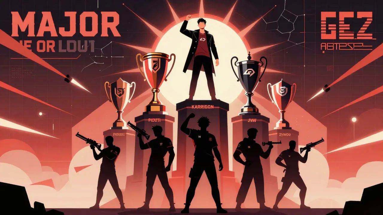 karrigan на вершине трофеев Major, вокруг него — легенды CS:GO в стиле советской плакатной графики.