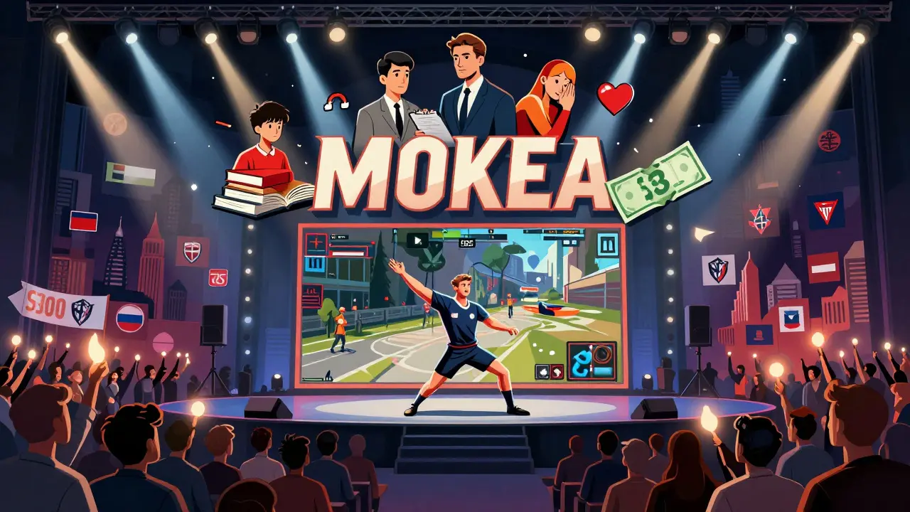 Киберспортсмен на сцене перед 50 тысячами зрителей, вокруг — символы учебы, тренера и призовых денег.