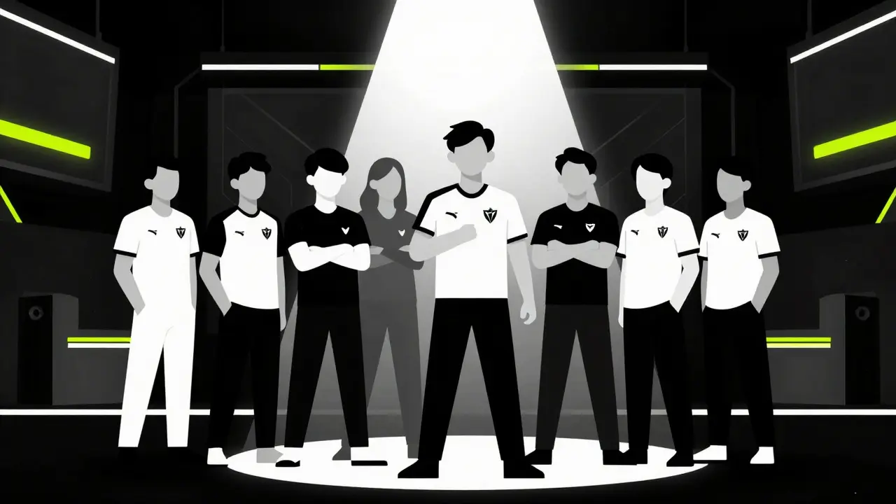 Команда киберспортсменов стоит под ярким прожектором
