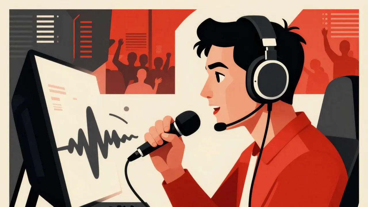 Комментатор за микрофоном во время турнира