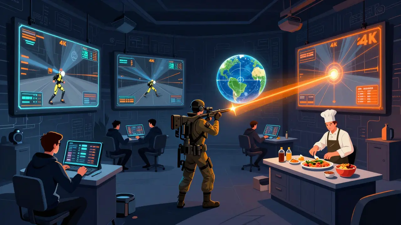 Комната анализа с проекторами, игроками и шеф-поваром, где данные и еда становятся частью стратегии.