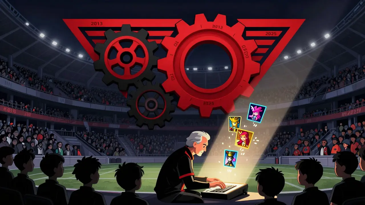 Логотип T1 из шестерёнок с годами побед, над стадионом в Сеуле, где Фэйкер играет в последний раз.