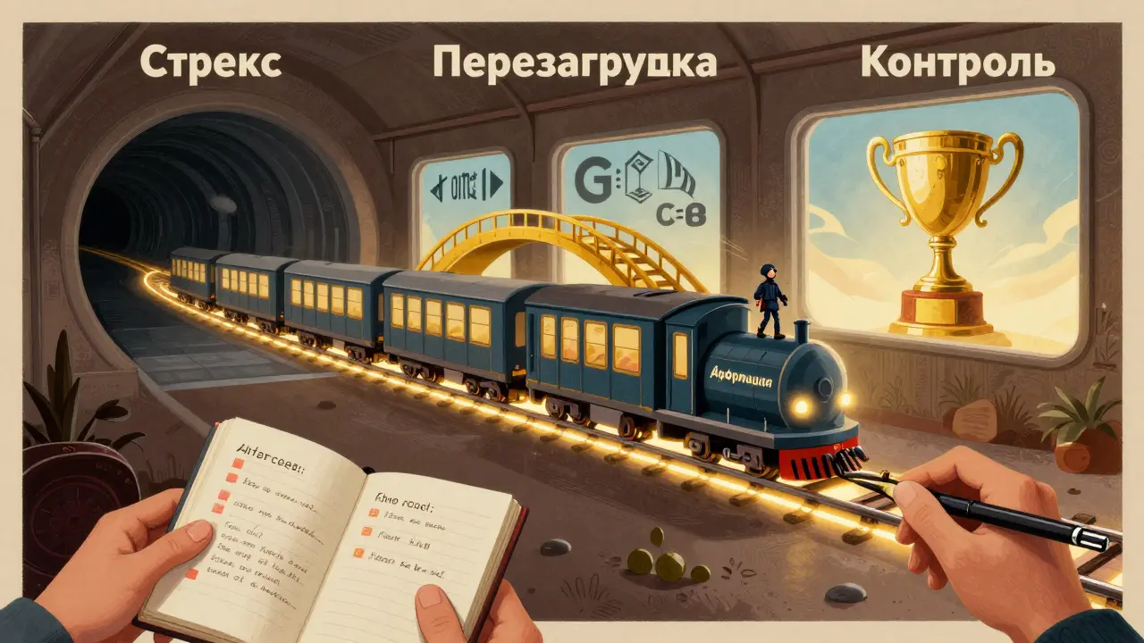 Нейронная сеть в виде поезда, проходящего через этапы переосмысления стресса через аффирмации.