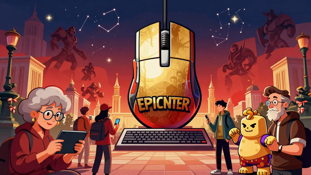 Памятник EPICENTER в виде игровой мыши и клавиатуры, окруженный разными поколениями фанатов в российском городе.
