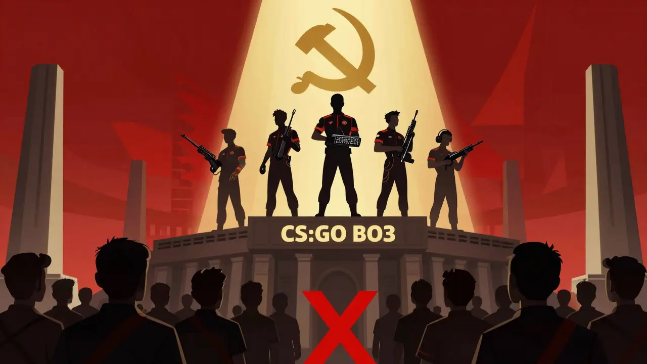 Пять киберспортсменов на пьедестале под трансляцией OBS, закрытые профили Steam отвергнуты красным крестом.