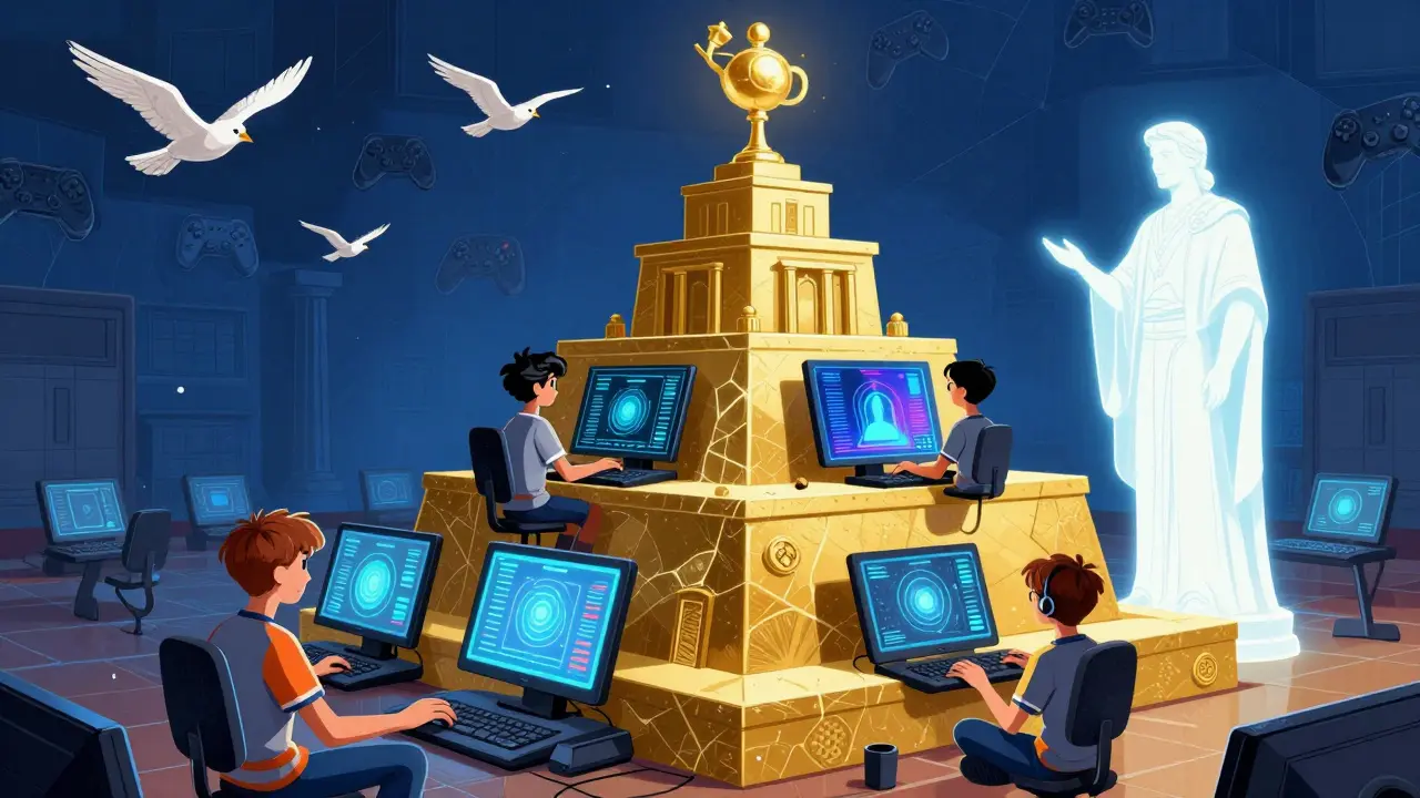 Пирамида развития киберспортсмена: от игрока в PC-bang до легенды, ставшей статуей, в стиле польской плакатной школы.