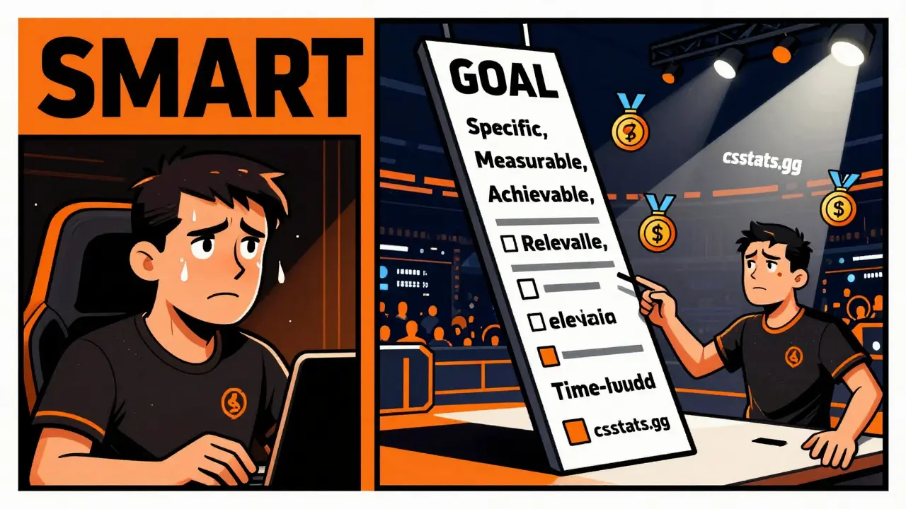 Разделенный образ игрока: в комнате и на арене, с логотипами трекеров и SMART-целями в виде лестницы.