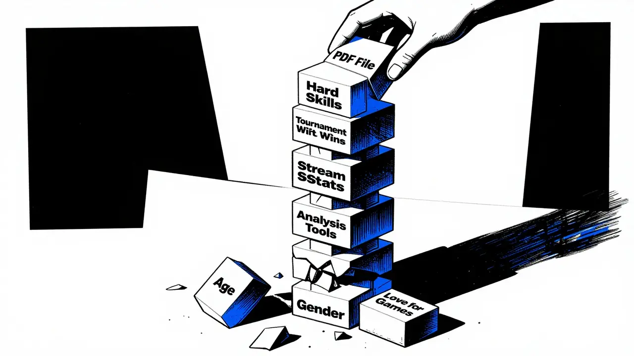 Резюме киберспортсмена как памятник из блоков: достижения вверху, ненужные данные внизу, стилизовано в духе польского плаката.