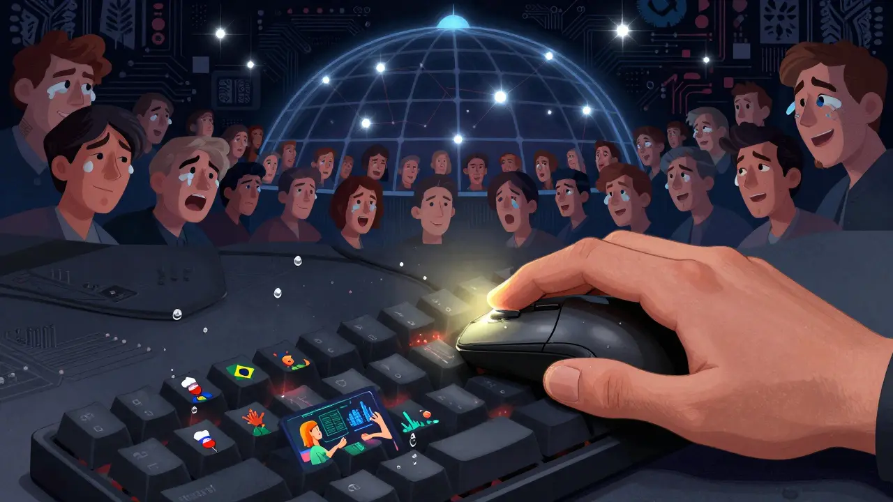 Рука игрока на клавиатуре, в каплях пота отражаются сцены матча, за спиной — тысячи лиц фанатов, как звезды.