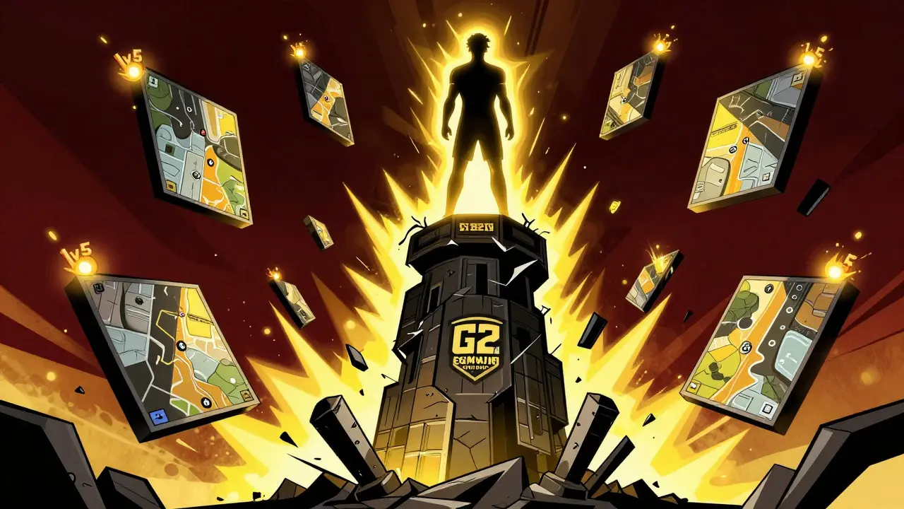 s1mple на вершине трофеев, сражаясь с фрагами с карт, трофей PGL Major 2021 в центре.