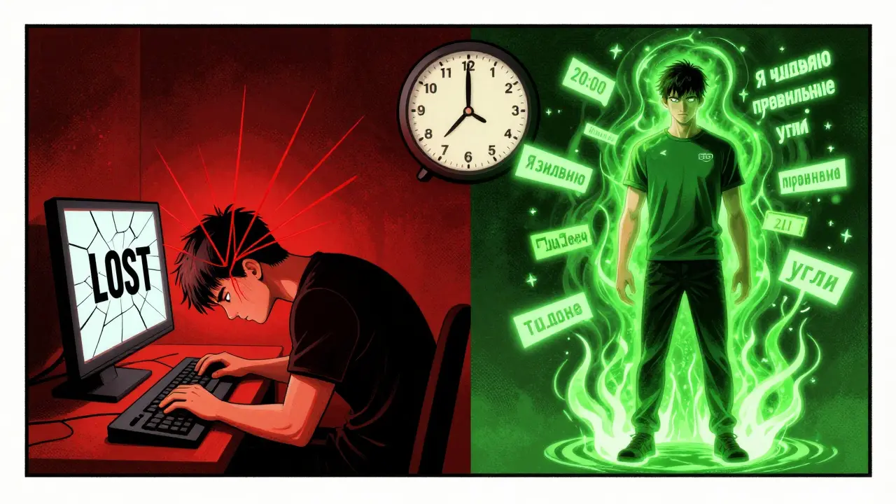 Сравнение двух состояний игрока: стресс и спокойствие, разделённые ритуалом подготовки.