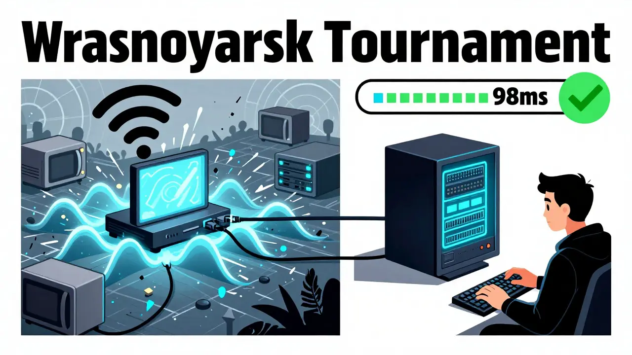 Сравнение нестабильного Wi-Fi и стабильного проводного подключения к серверу турнира с пингом 98 мс.