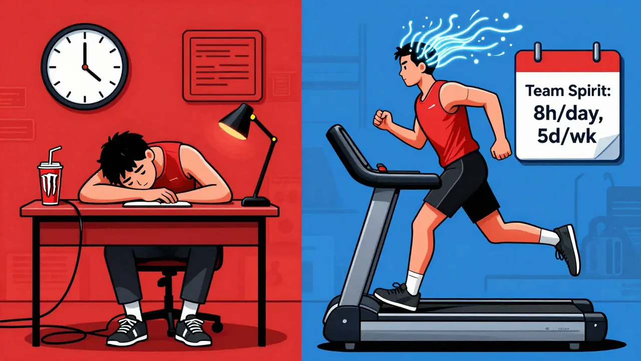 Сравнение: уставший игрок за компьютером слева, тот же игрок бежит в зале справа — над ним календарь с расписанием тренировок.