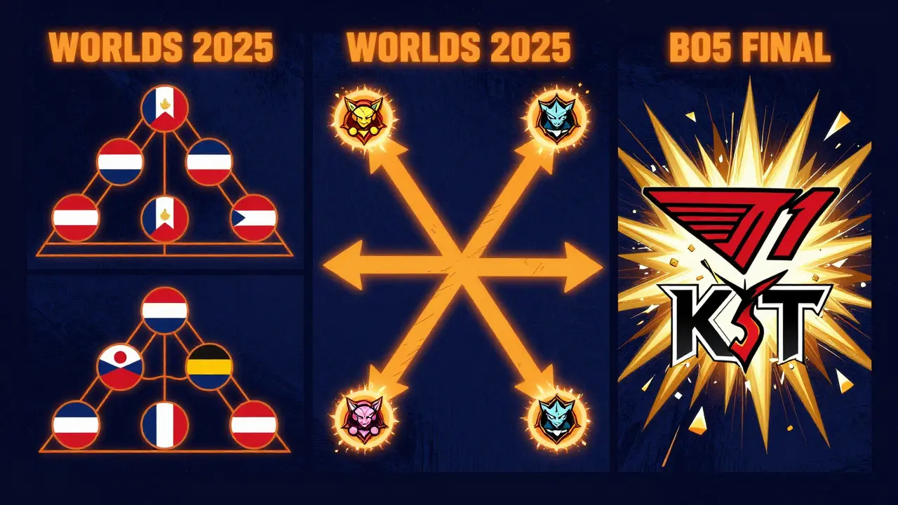 Структура Worlds 2025: группы, плей-офф и финал — стилизованные геометрические панели с символами чемпионов.