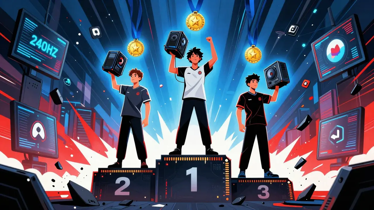 Три киберспортсмена на подиуме из SSD, каждый с разной сборкой ПК, за спиной — волны частоты монитора и раздавленные символы лишних программ.