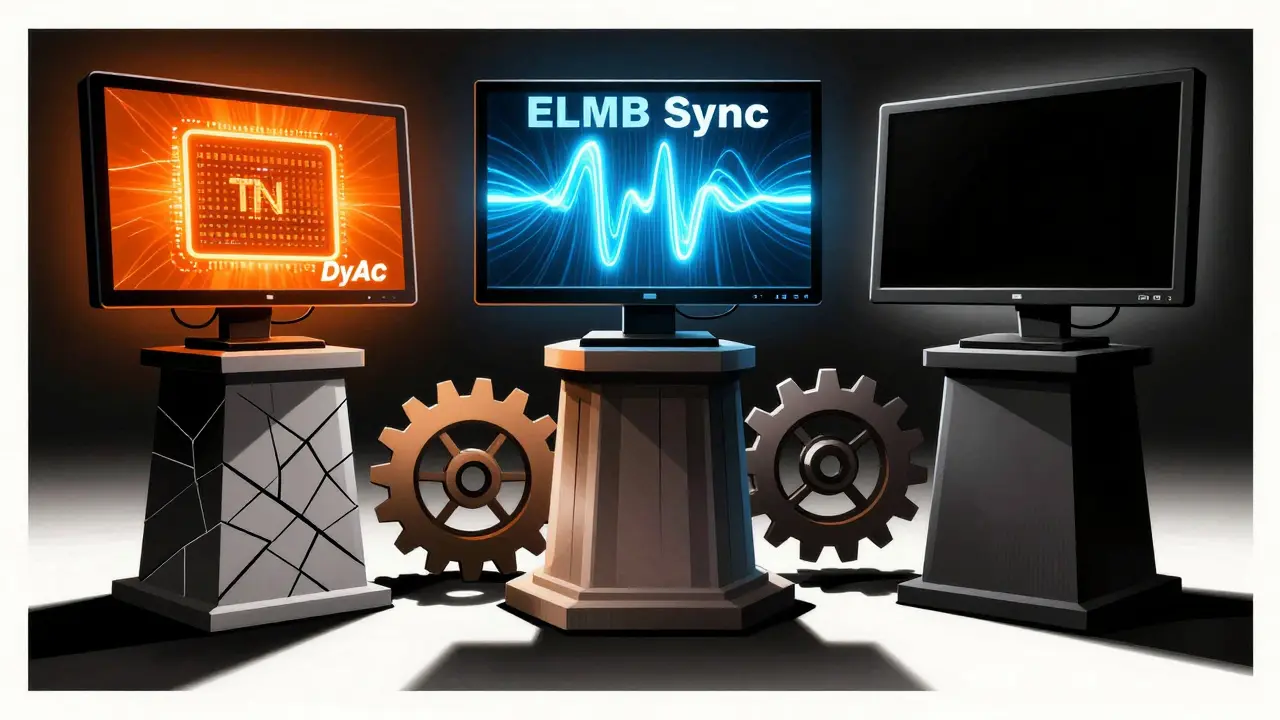 Три монитора-пиллары: DyAc, ELMB Sync и OLED — каждый с уникальными визуальными эффектами и тенями.