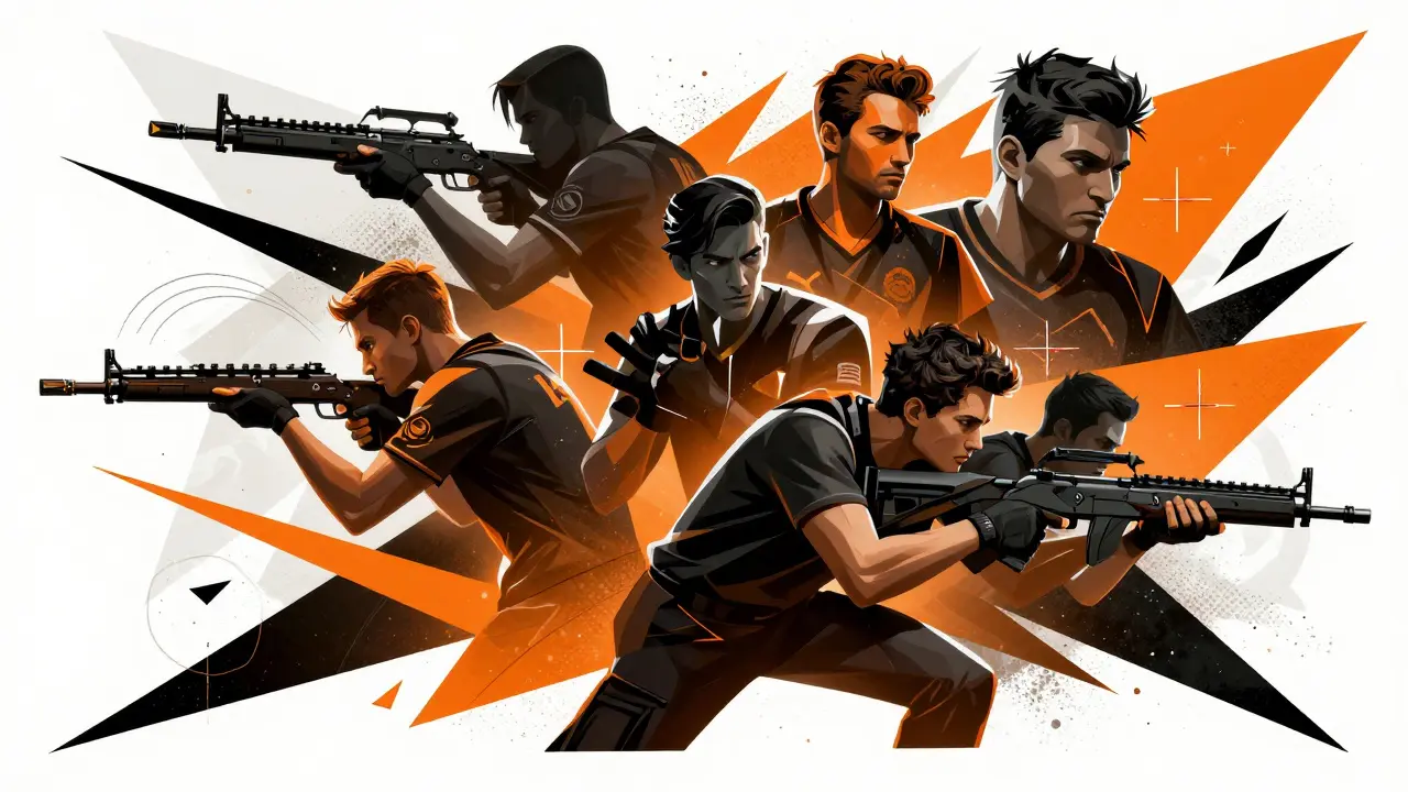 Абстрактный коллаж с силуэтами игроков, представляющий эпоху побед в CS и League of Legends.