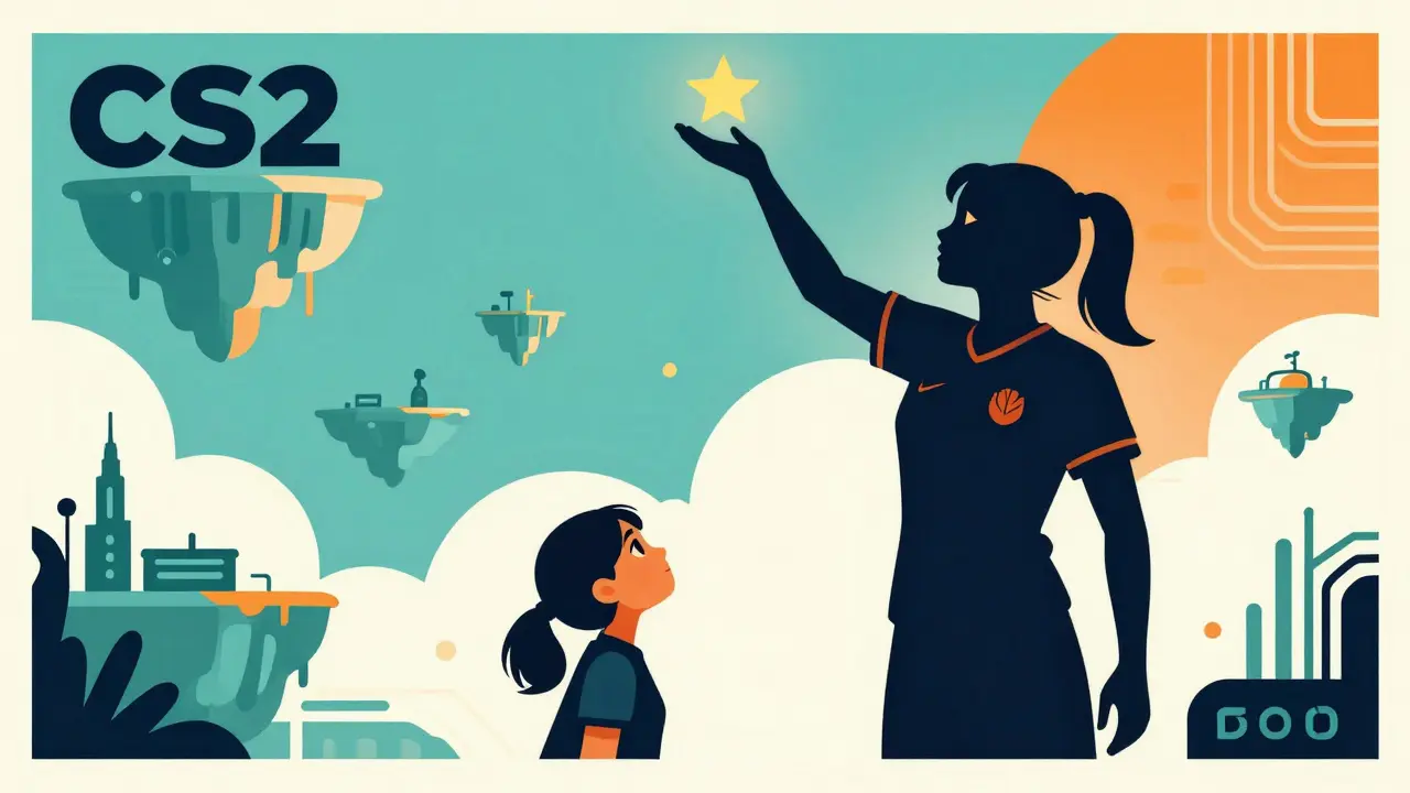 Девочка смотрит на силуэт профессионального игрока, символизируя вдохновение.