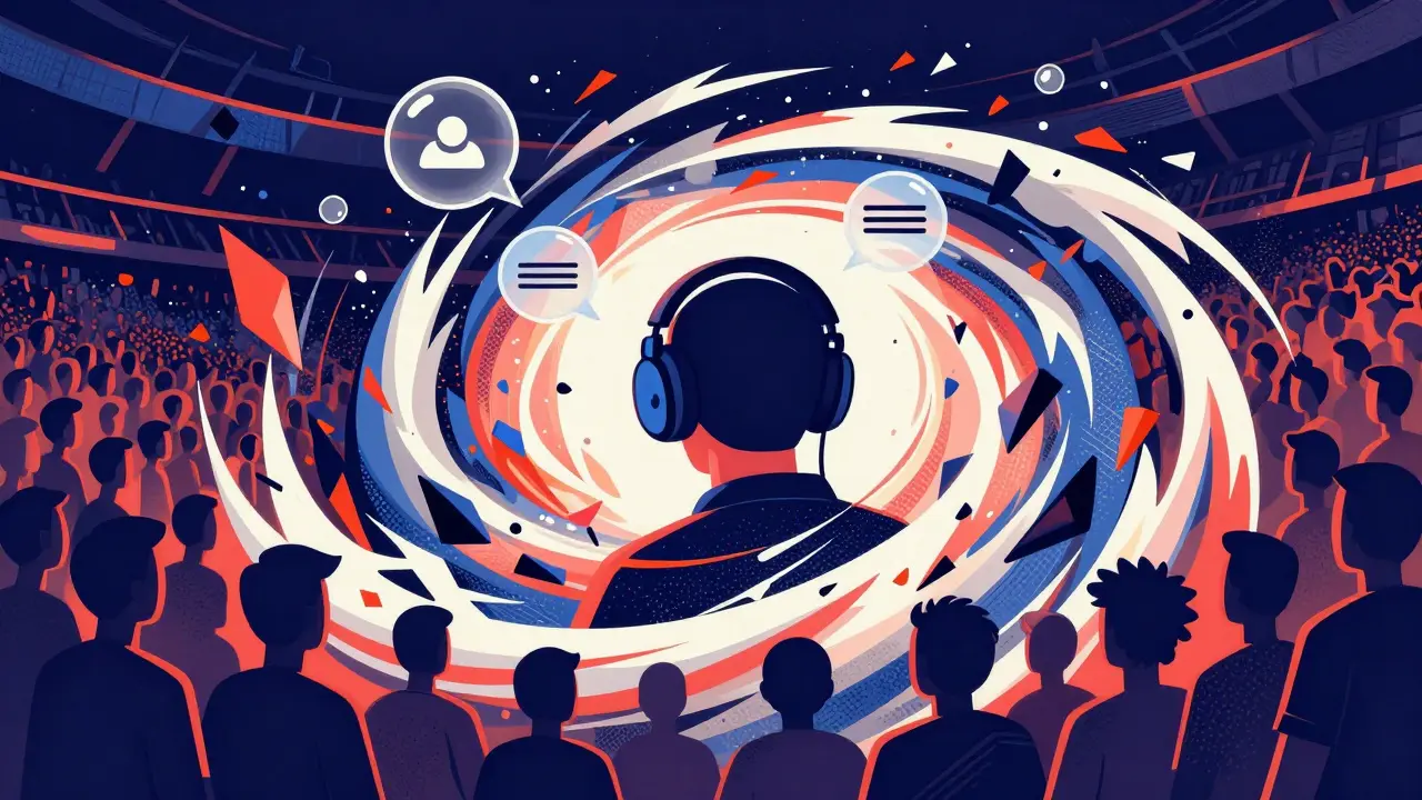 Геймер в наушниках среди абстрактных фигур, символизирующих шум стадиона и команды