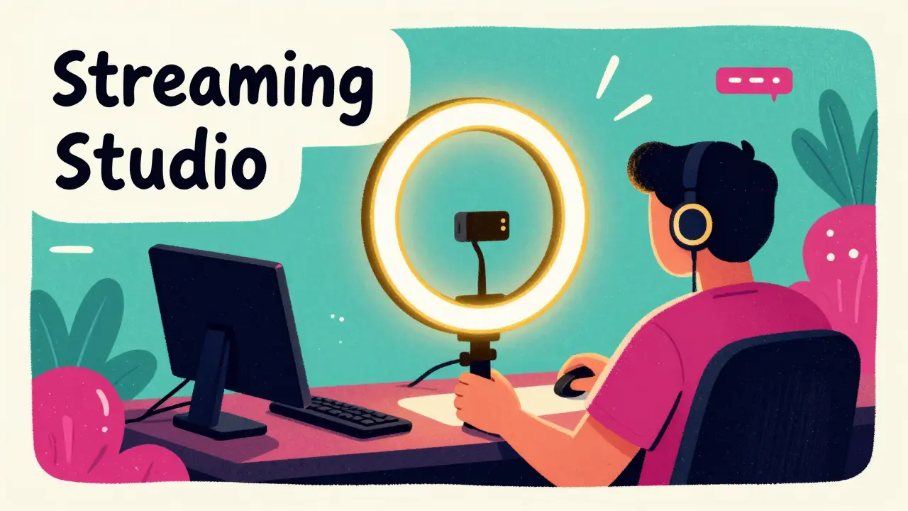 Графическая иллюстрация стримера с кольцевой лампой в стиле польского плаката