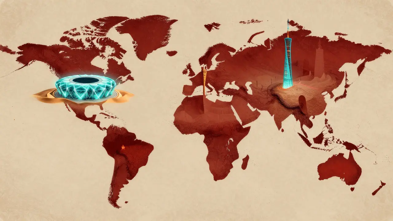 Художественная карта мира с символическими изображениями крупнейших киберспортивных хабов.