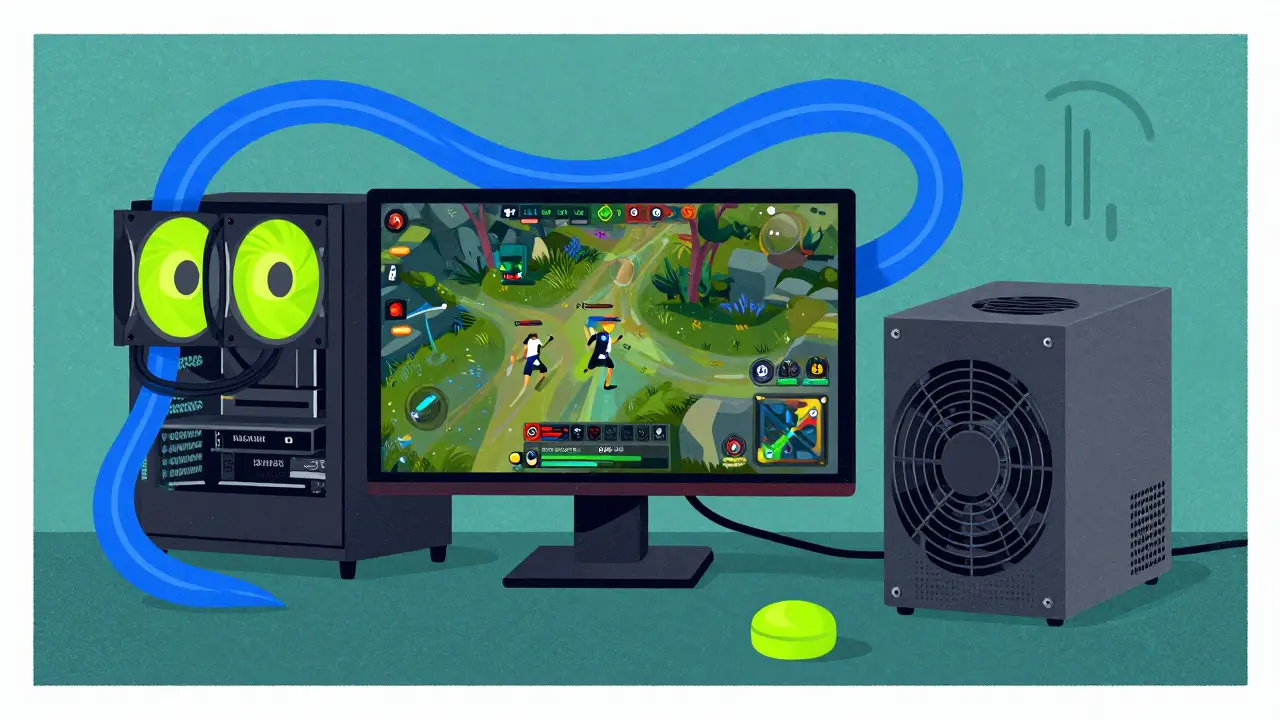 Композиция с монитором, СЖО и блоком питания в стиле графического плаката