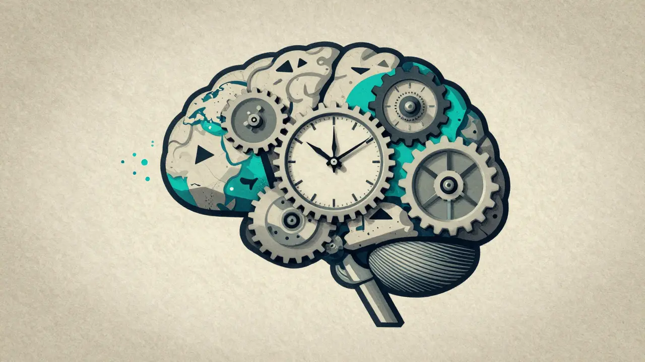 Концептуальный образ мозга как механизма из карт в стиле польской школы плаката