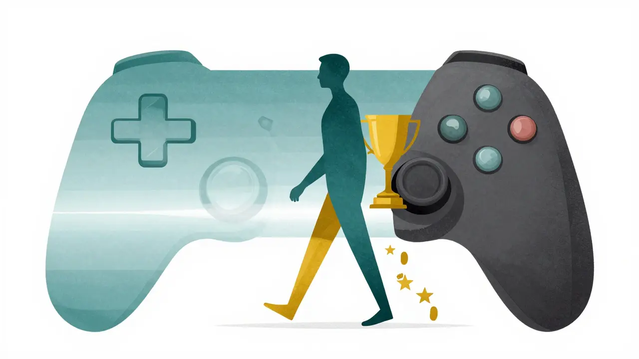 Силуэт игрока, идущего к горизонту, где следы превращаются в звезды