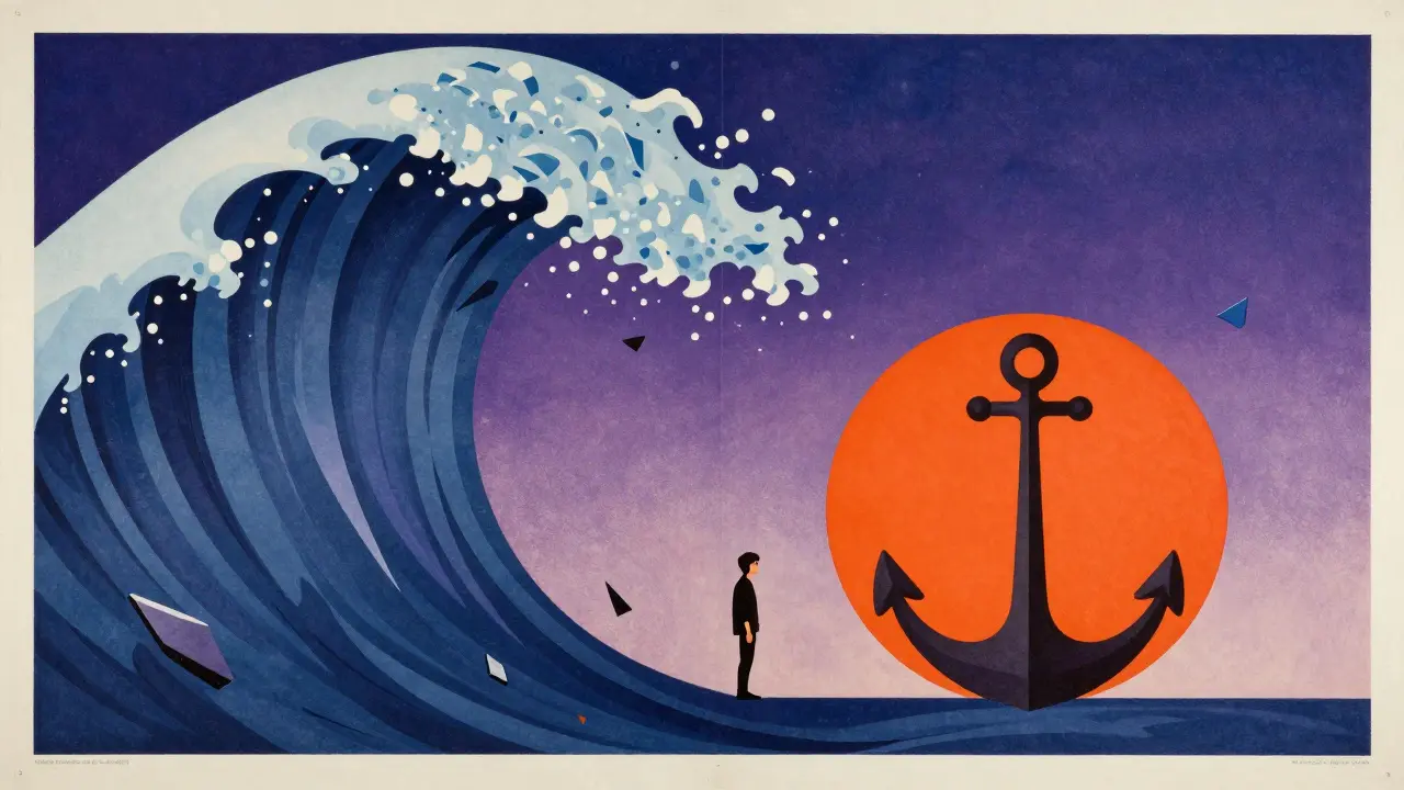 Символическое изображение борьбы с эмоциональным срывом и обретения внутреннего спокойствия.