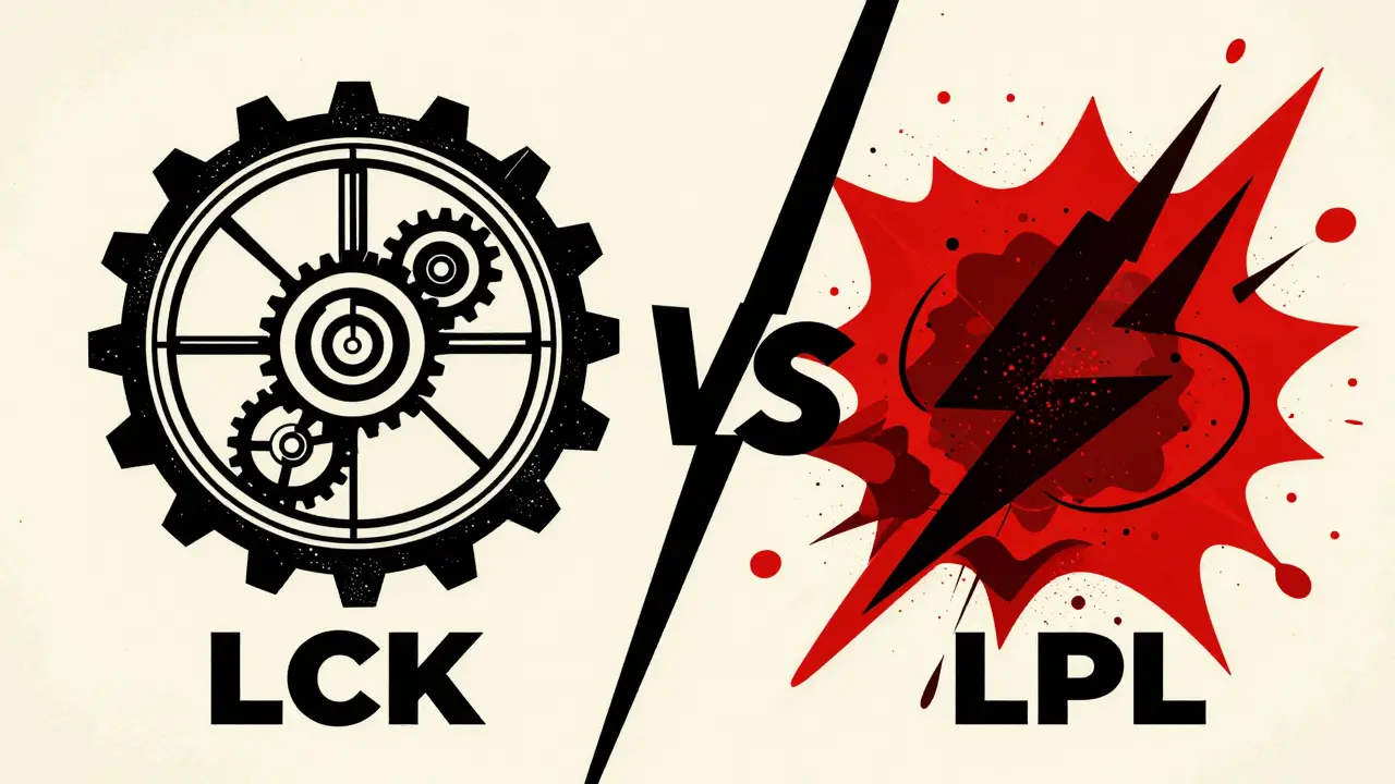 Символическое противопоставление тактики LCK и агрессии LPL в стиле польского плаката