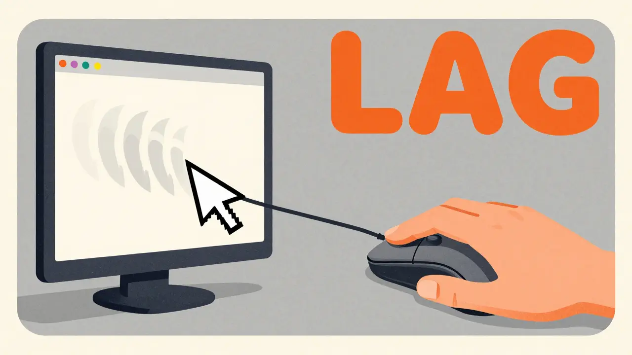 Стилизованное изображение руки с мышкой и эффектом задержки курсора на экране