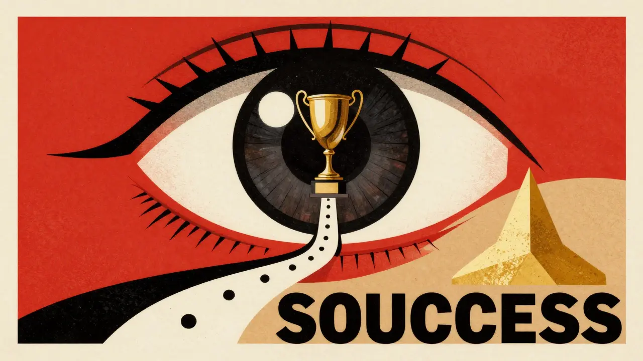 Стилизованный глаз, в котором отражается трофей и дорога из этапов развития