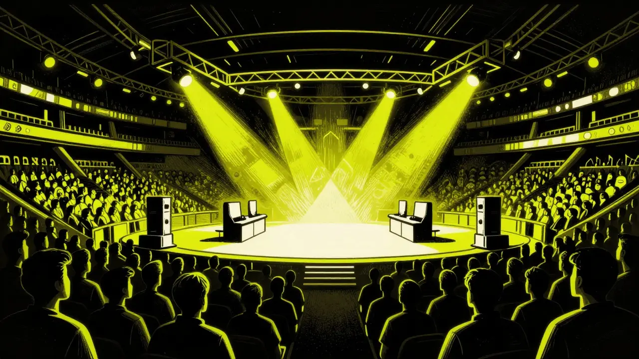Стилизованный вид на киберспортивную арену с игроками на сцене в стиле польского плаката