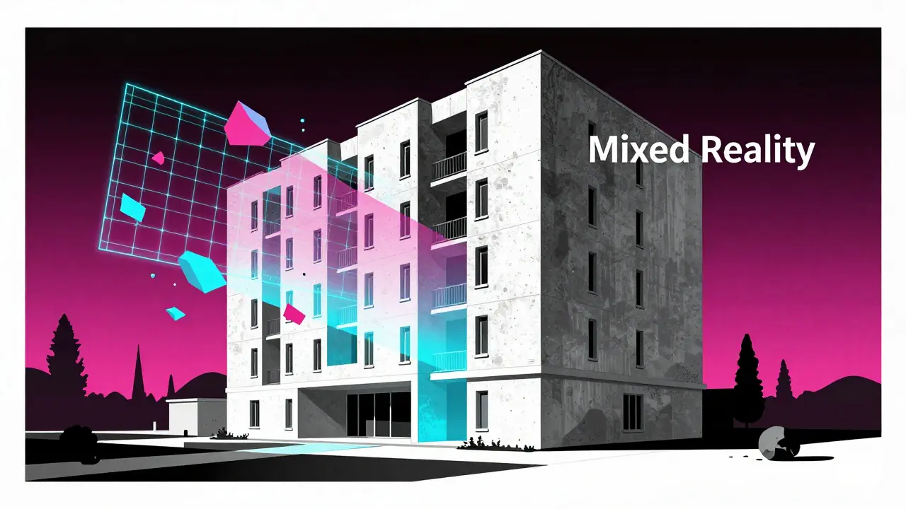 Сюрреалистическая иллюстрация слияния физической архитектуры арены и виртуальной реальности.