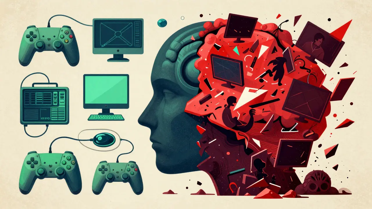 Сюрреалистичное изображение разделения разума геймера на конструктивный и деструктивный аспекты.
