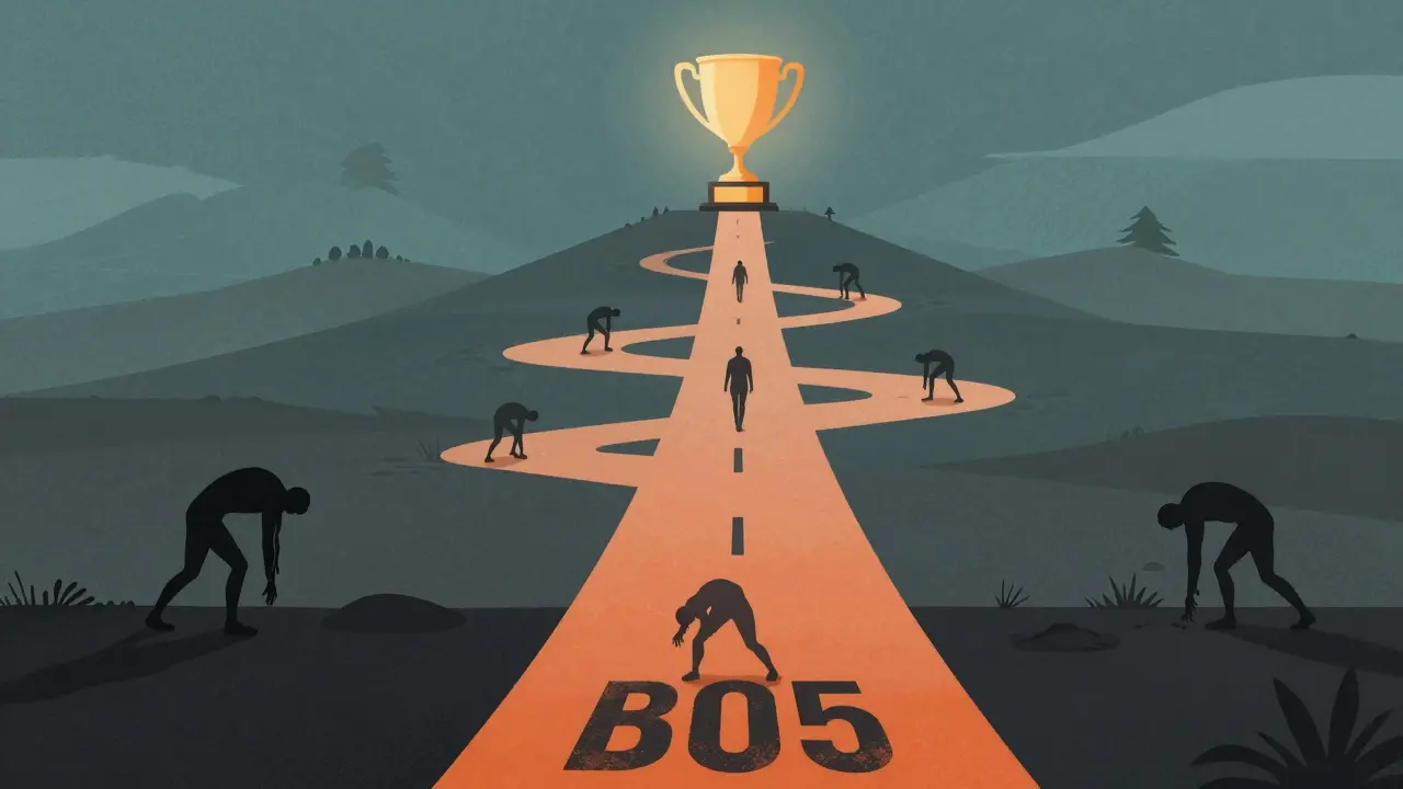 Сюрреалистичный образ изнурительного марафона из пяти карт на пути к трофею.