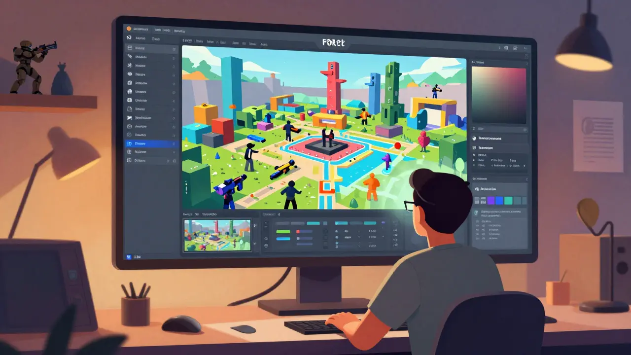 Игрок создает карту в редакторе Forge в абстрактном стиле
