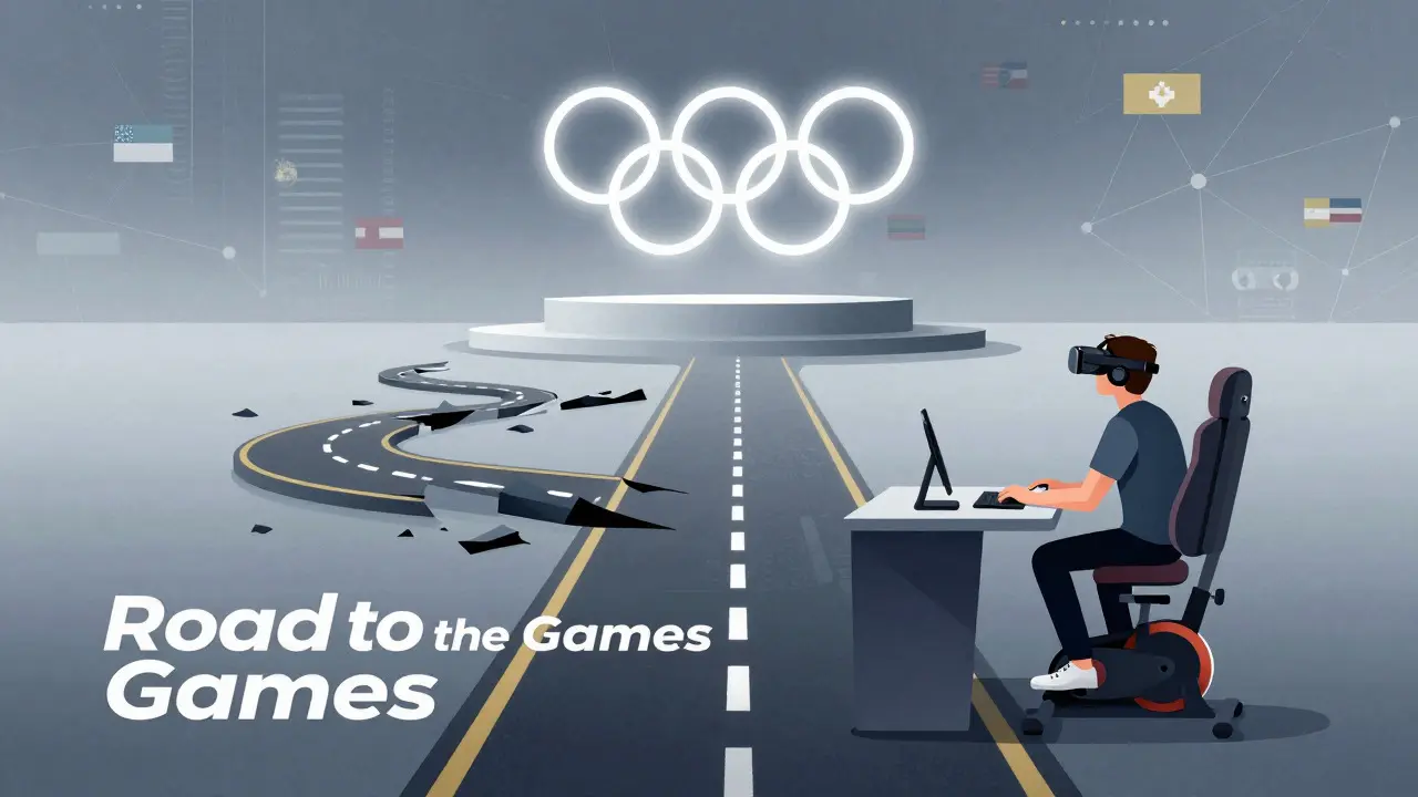 Игрок с VR-шлемом смотрит на далекую олимпийскую трибуну через разорванную дорогу