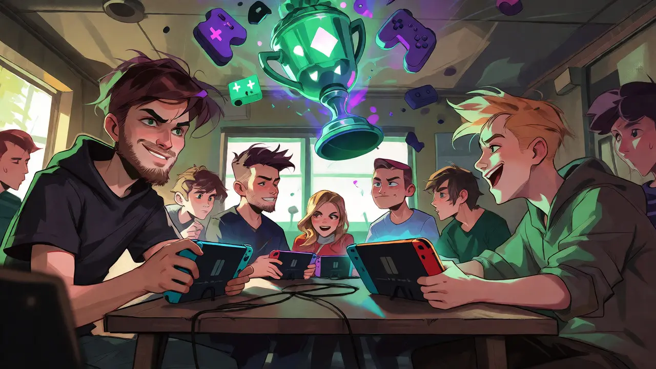 Плакат в стиле польской школы: группа энтузиастов играет в Splatoon на консолях Switch в скромном зале.