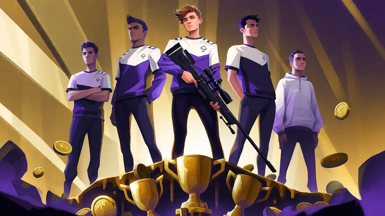 Героическая композиция с s1mple и составом FaZe Clan на фоне трофеев и тающих криптовалют в стиле плаката